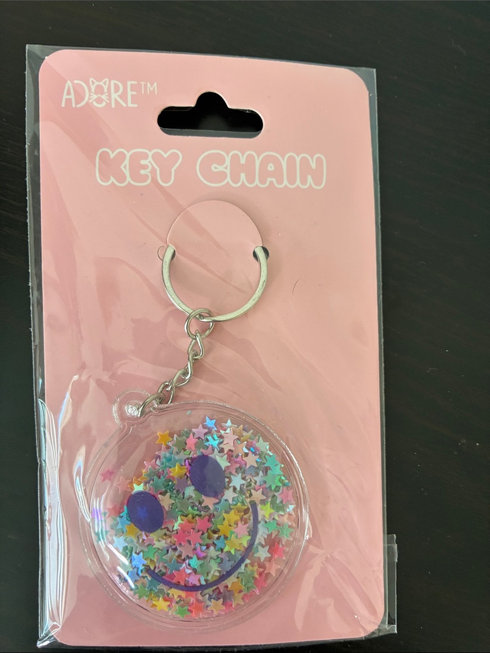 Adore Pink Smiley Star Confetti Keychain with Purple Features